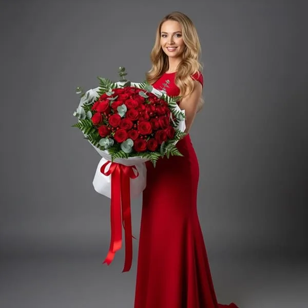 Woman holding a bouquet of red roses with fern leaves and red hypericum berries