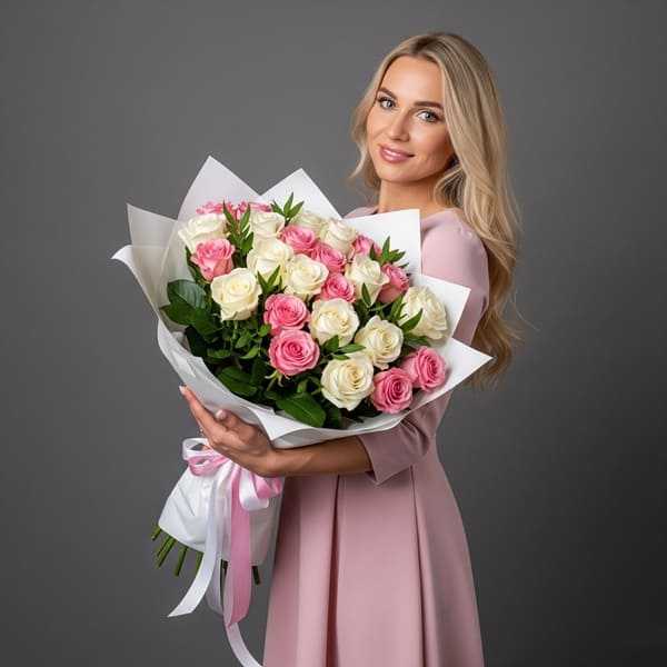 Woman holding a bouquet of white and pink mixed roses
