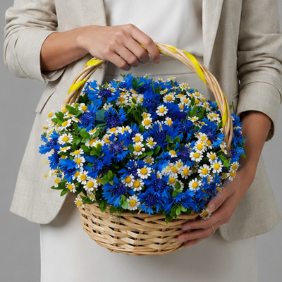 Flower Basket Bianca with Chamomile, Cornflower and Wicker Basket by Polina Gagarina Flower Shop Moscow