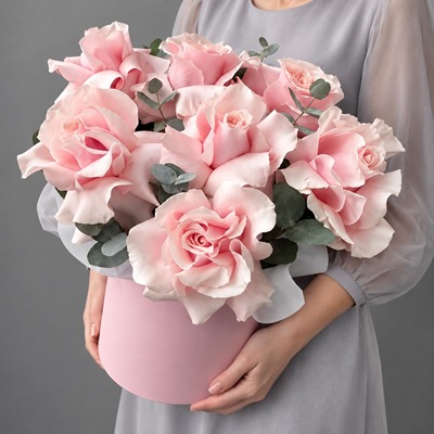 Flowers in Box Sweet with Pink French Roses and Eucalyptus by Polina Gagarina Flower Shop Moscow