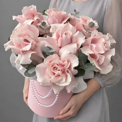 Flowers in Box Sweet with Pink French Roses and Eucalyptus by Polina Gagarina Flower Shop Moscow