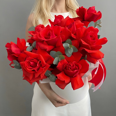 Flowers in Box Yana with Red French Roses and Eucalyptus by Polina Gagarina Flower Shop Moscow