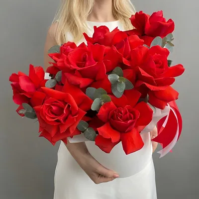 Flowers in Box Yana with Red French Roses and Eucalyptus by Polina Gagarina Flower Shop Moscow